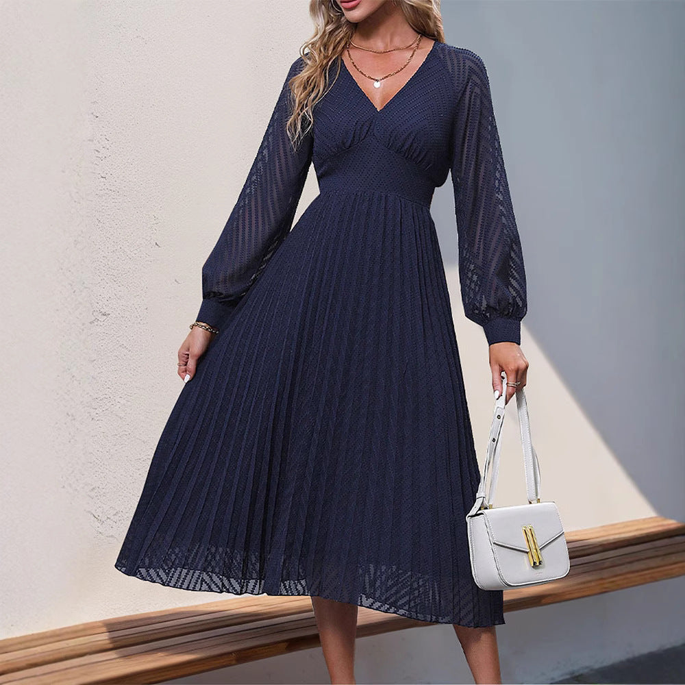 Damen Plissiertes Midikleid mit V-Ausschnitt, taillierter Passform & transparenten Ballonärmeln Echoarchiv