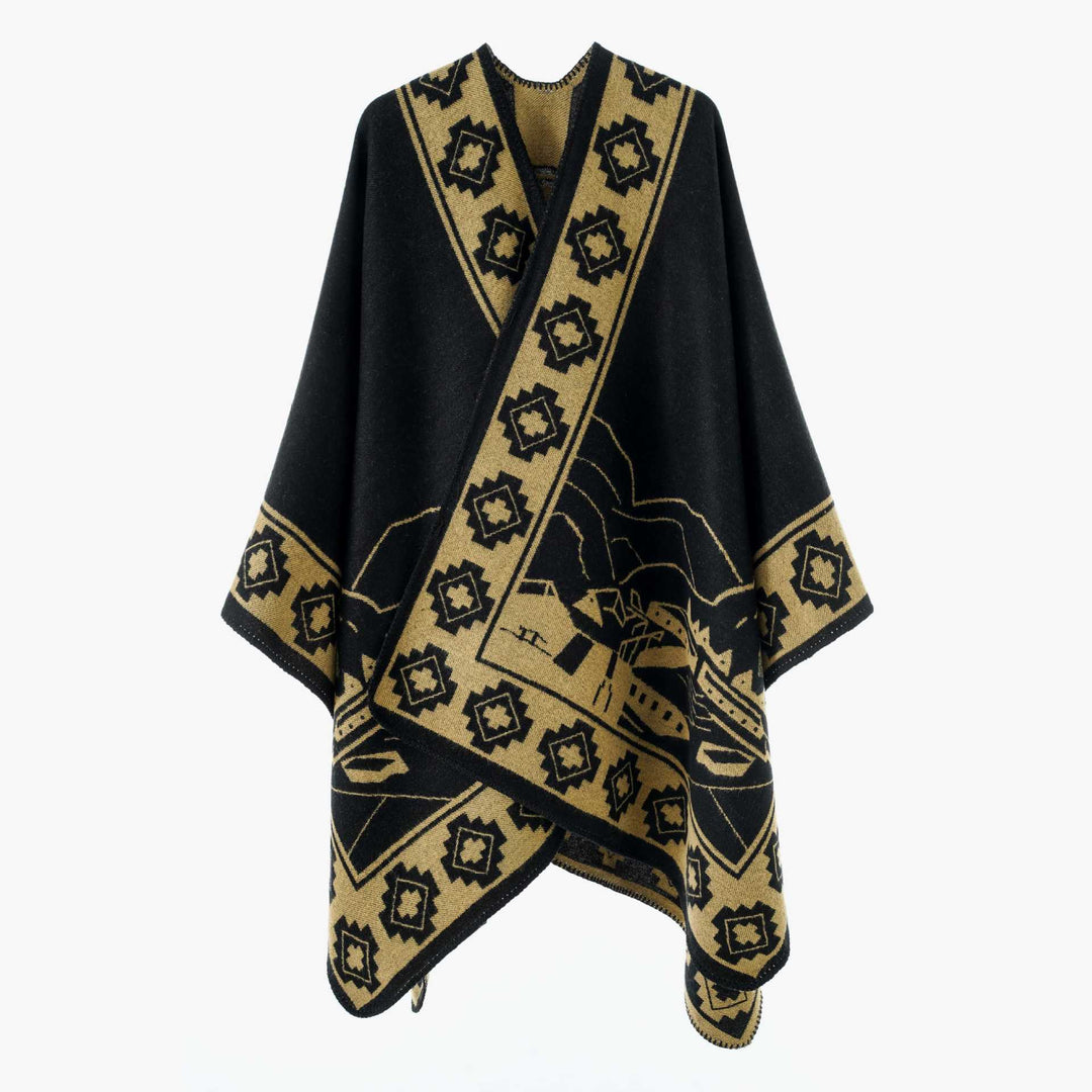 Damen Jacquard‑Strickponcho mit offenem Fall und Bordüren‑Detail Echo Archiv