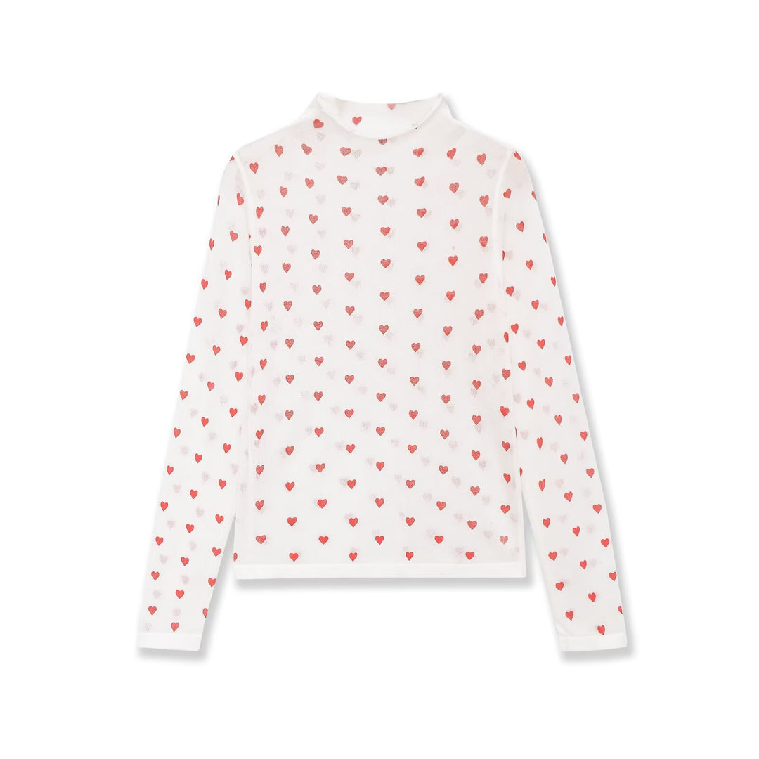 Damen Langarm-Feinstrickshirt mit Stehkragen und Allover-Herzjacquard Echo Archiv