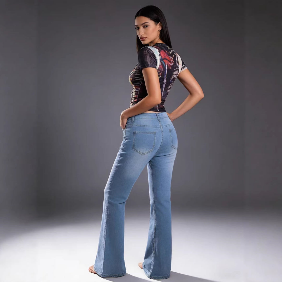 Damen Schlagjeans mit bunten Knopfdetails und hohem Bund Echo Archiv