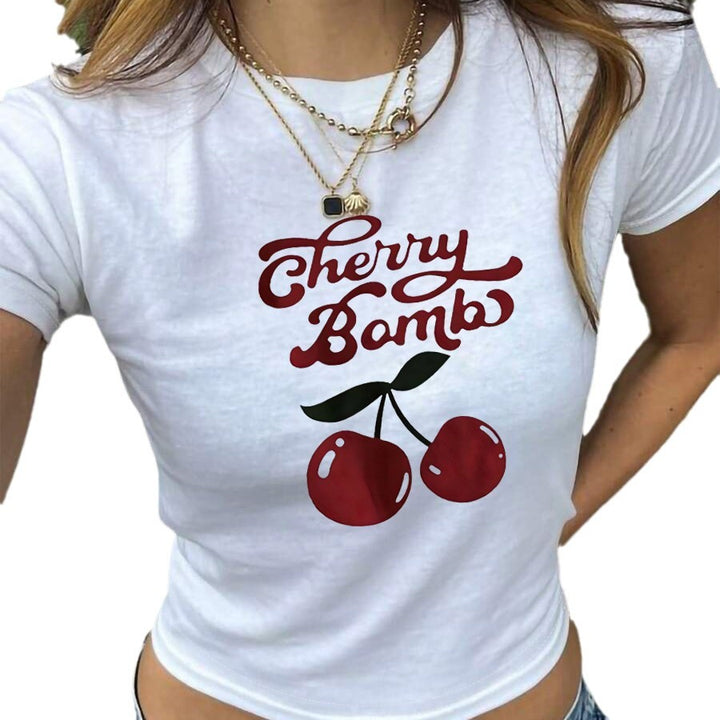 Damen Crop-T-Shirt mit fröhlichem Kirschmotiv und lockerer Passform Echo Archiv