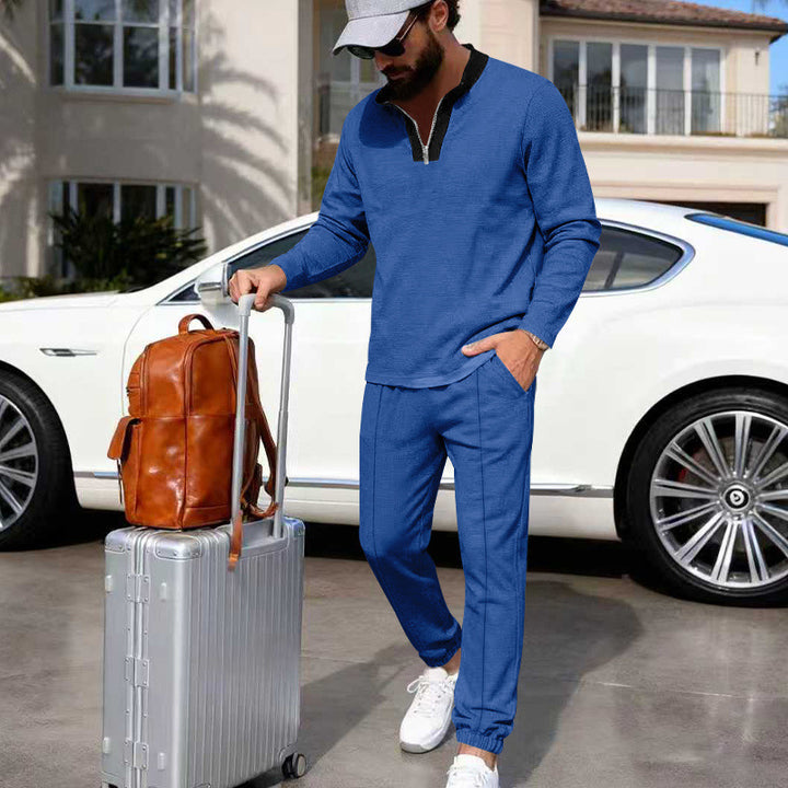 Herren Leichtes Henley-Loungewear-Set mit Kontrastkragen, Tunnelzug-Jogger und elastischen Bündchen – Marzano