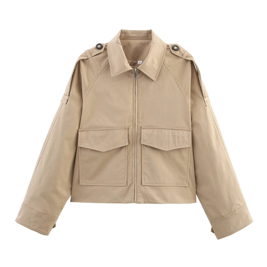 Damen kurze Utility-Blousonjacke mit aufgesetzten Klappentaschen und Epauletten – Célinea