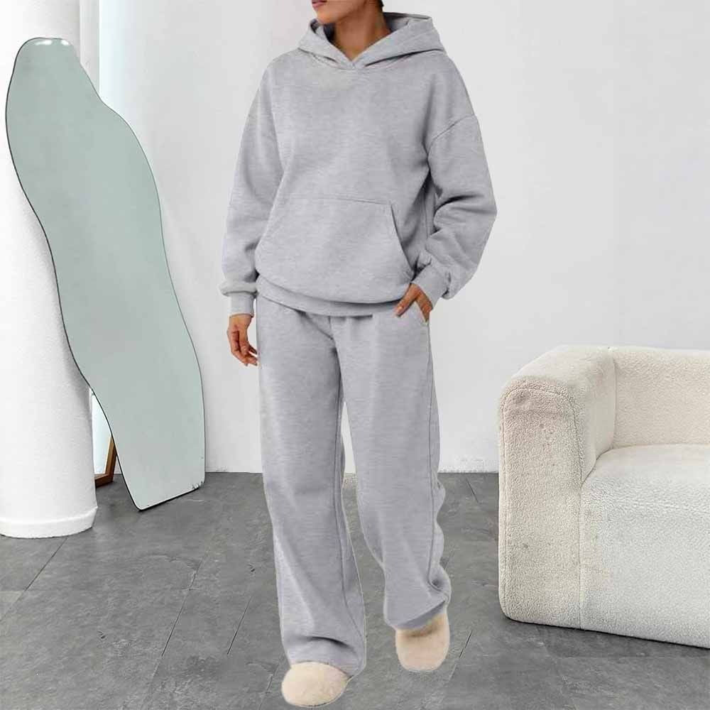 Damen zweiteiliges Freizeit-Lounge-Set mit Kapuzenpullover, Kängurutasche und gerader Loungehose aus weichem Baumwollmix – Auréline