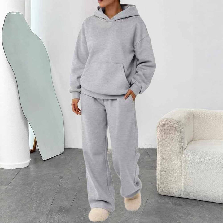 Damen zweiteiliges Freizeit-Lounge-Set mit Kapuzenpullover, Kängurutasche und gerader Loungehose aus weichem Baumwollmix – Auréline