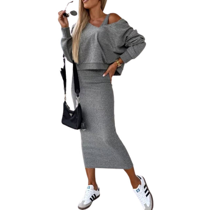 Damen Casual Cropped Feinstrick-Set mit hoch tailliertem Midi-Bleistiftrock und Racerback-Top – Élanora