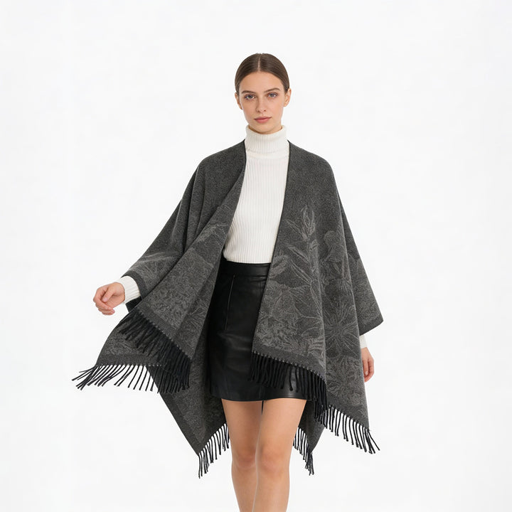 Damen V‑Ausschnitt Cape‑Poncho mit floralem Jacquard und Fransensaum Echo Archiv