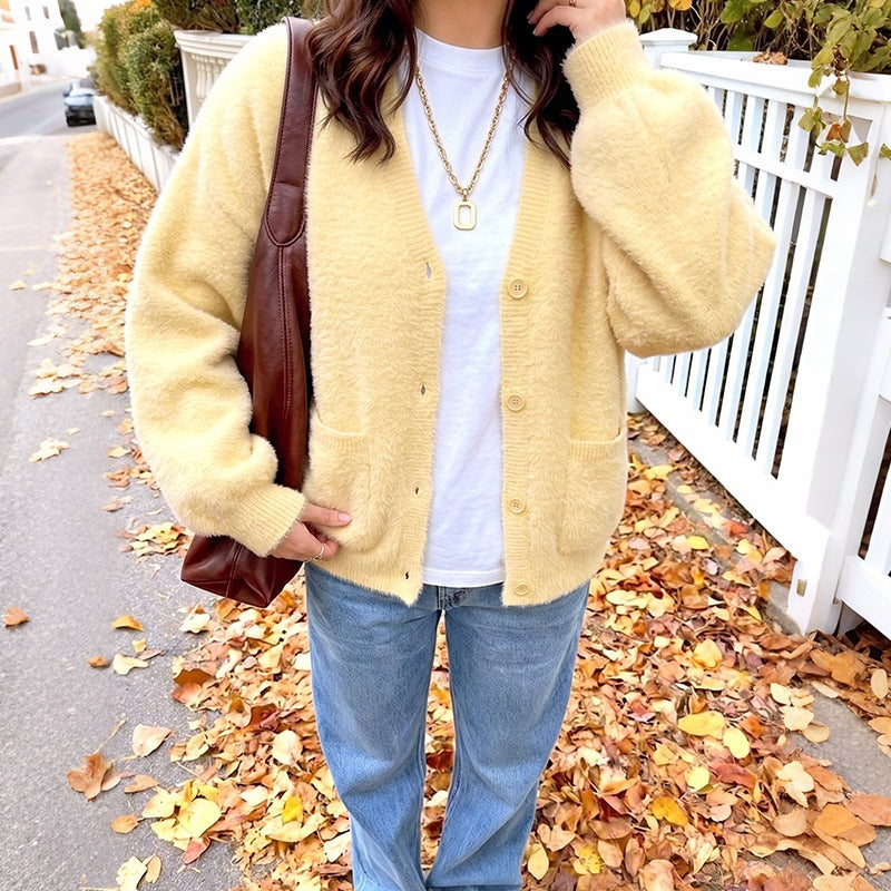 Damen Kuschelige Oversize-Cardigan aus Teddy-Fleece mit V-Ausschnitt, aufgesetzten Taschen & Rippbündchen Echoarchiv