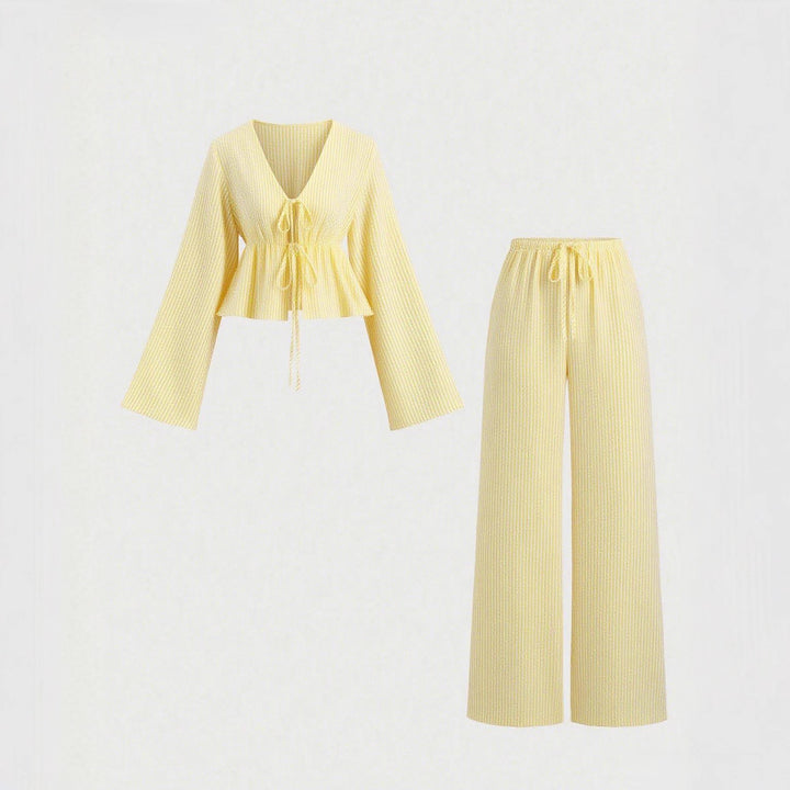 Damen nan gestreiftes Leinenähnliches Homewear-Set mit gerafftem Tunnelzugoberteil und elastischer Bundhose Echo Archiv