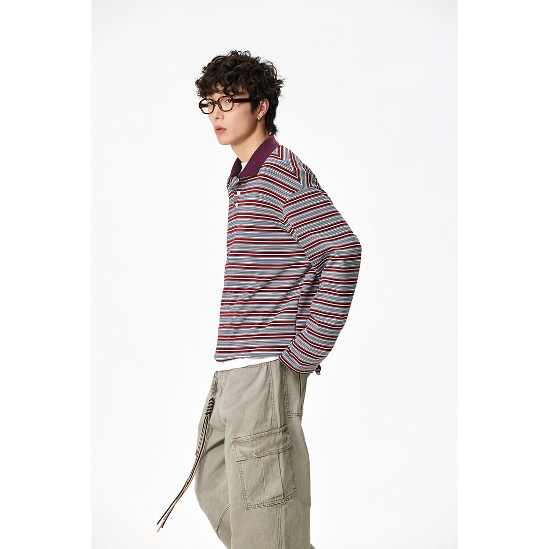 Unisex Klassisches gestreiftes Longsleeve-Poloshirt aus feinem Rippstrick mit Kentkragen und Halbknopfleiste Echoarchiv
