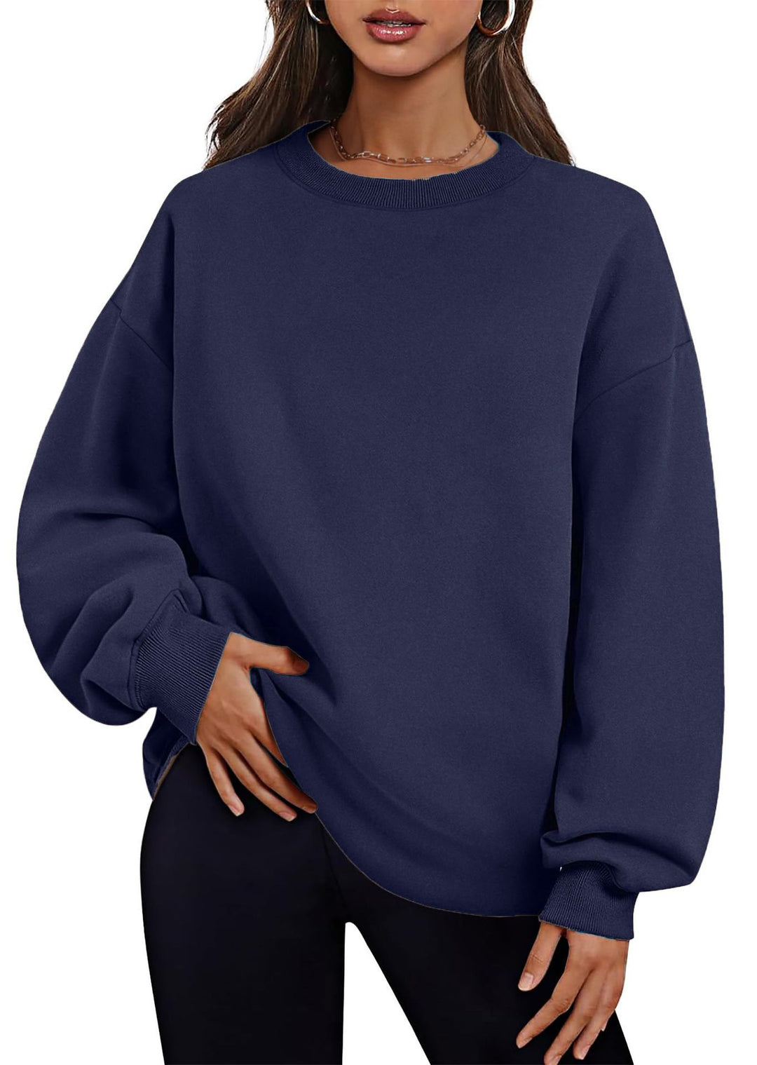 Damen verlängertes Oversize Rundhalspullover mit seitlichen Eingrifftaschen, Rippbündchen und überschnittener Schulter – Mavelle