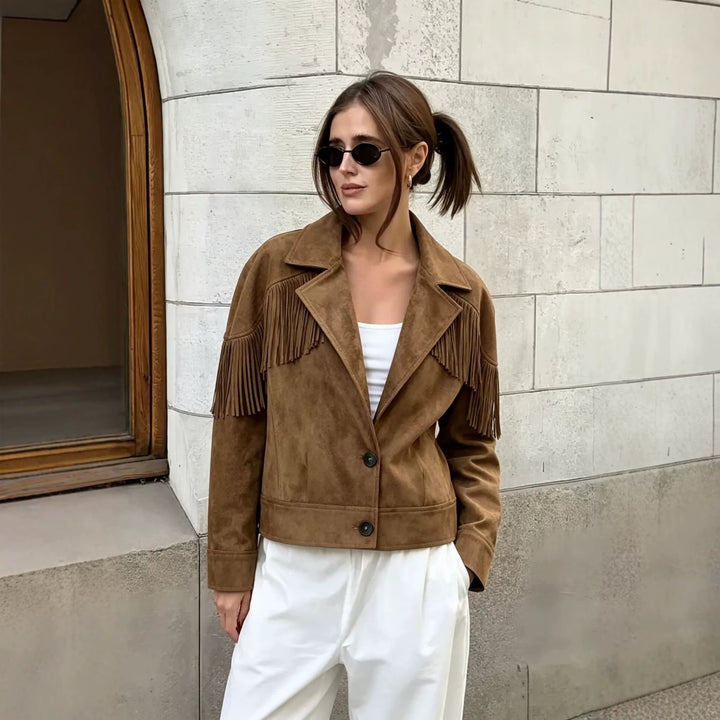 Damen Kurze Wildlederoptik-Fransenjacke im Cropped-Boxy-Schnitt Echoarchiv