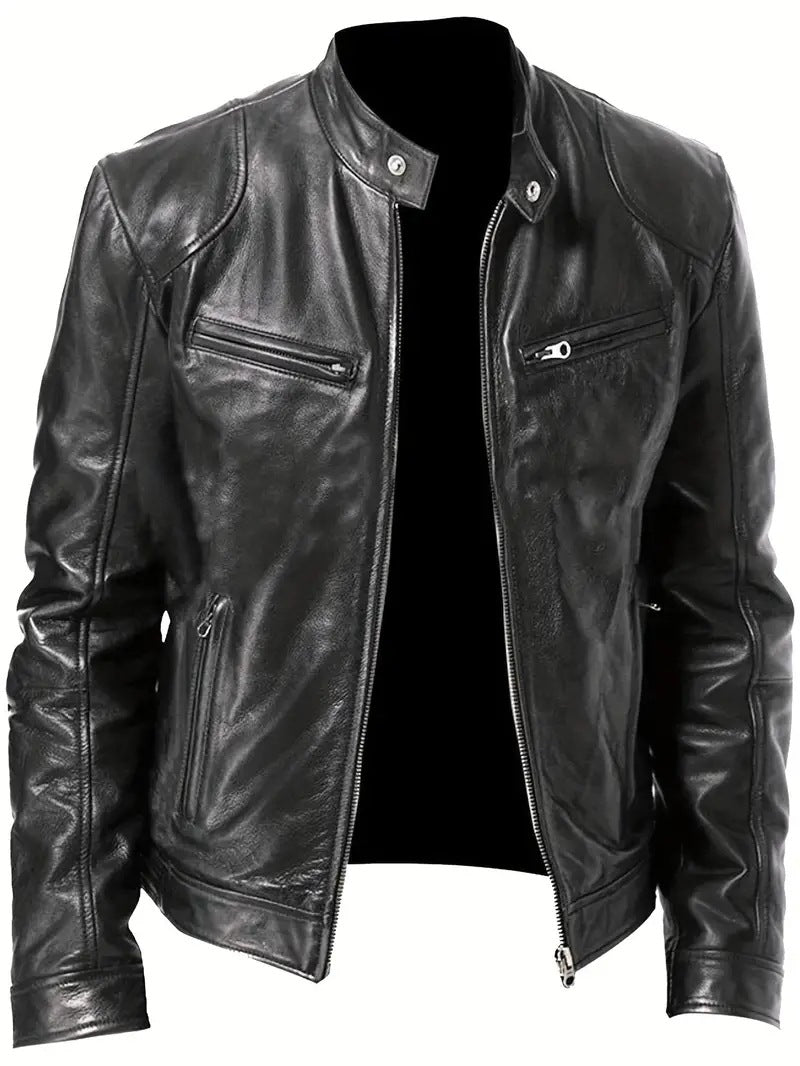 Herren Slim-Fit Lederjacke im Bikerstil mit Stehkragen, Reißverschlusstaschen und weichem Lammnappa Echo Archiv