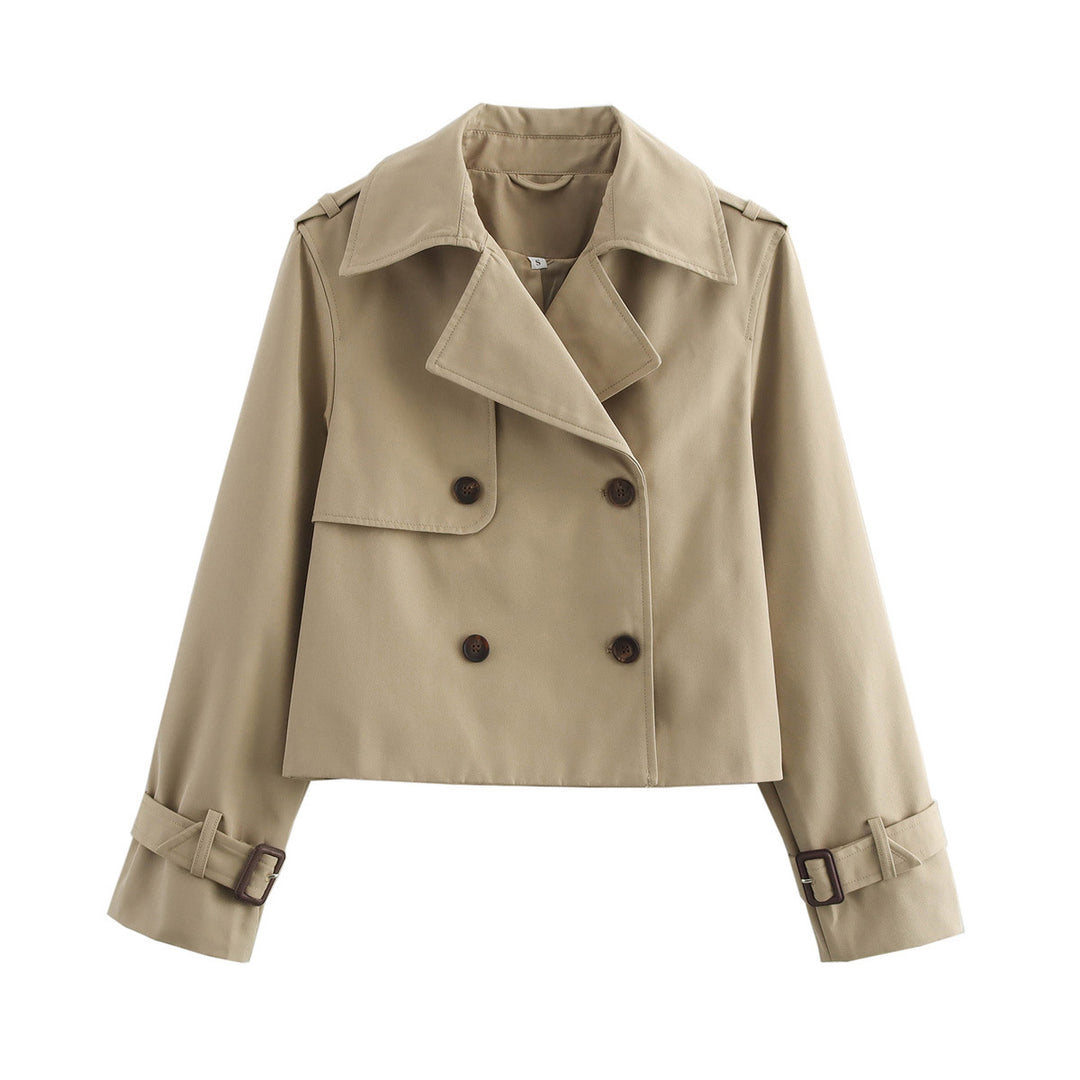 Damen cropped Trenchjacke mit Doppelreiher, Epauletten und verstellbaren Schnallenmanschetten – Célinea