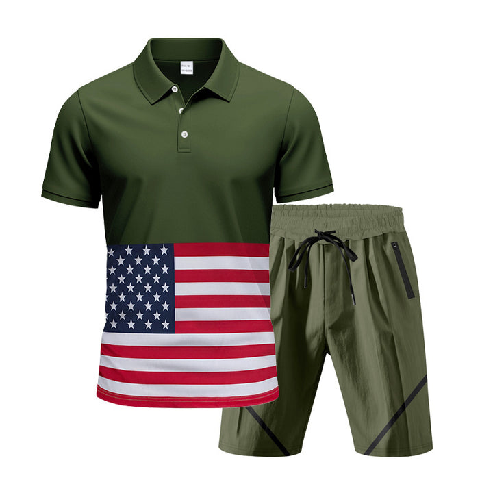 Herren Polo- und Shorts-Set mit Flaggenmotiv und elastischem Bund Echoarchiv