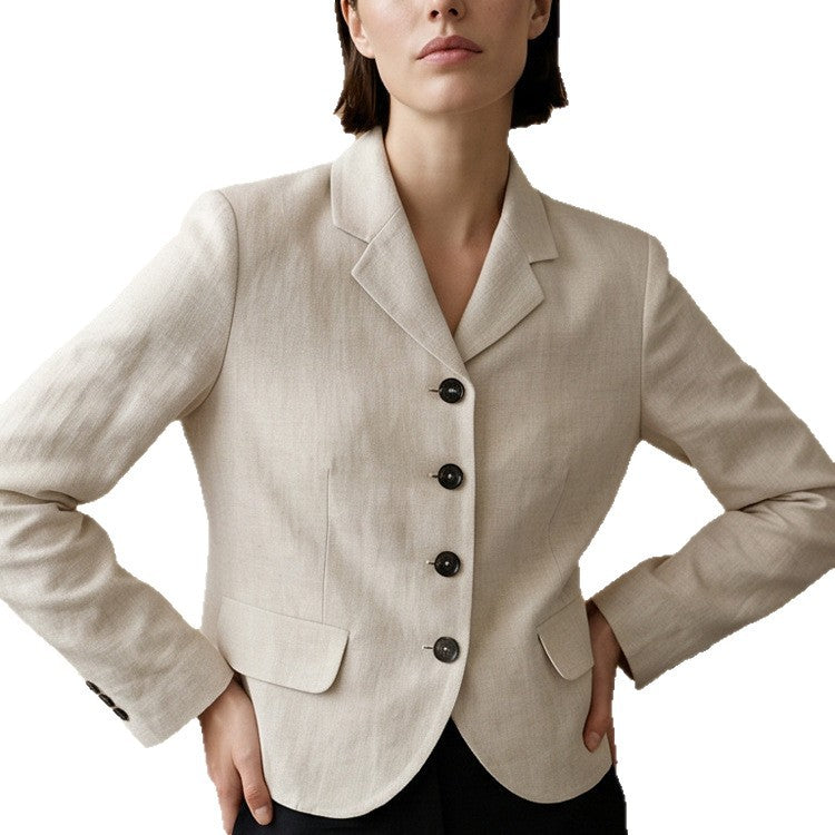 Damen Taillierter Leinenblazer mit Schößchen, Pattentaschen und durchgehender Knopfleiste Echoarchiv