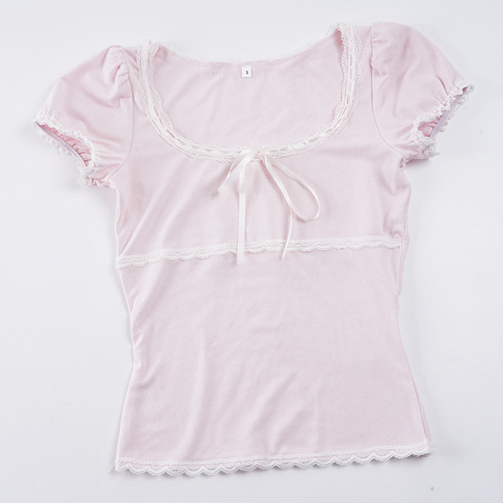 Damen Kurzarm Top mit Rüschendetails und verspieltem Kordelzug Echo Archiv