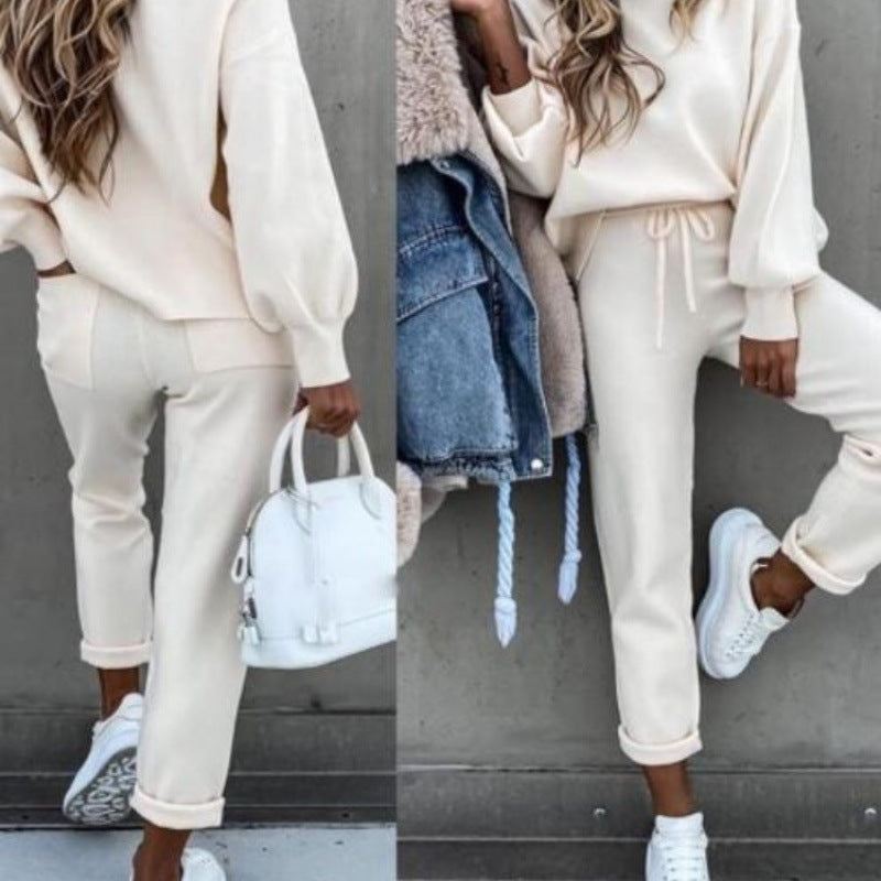 Damen Strick-Loungewear-Set mit Ballonärmeln und taillierter Jogginghose – Mavelle