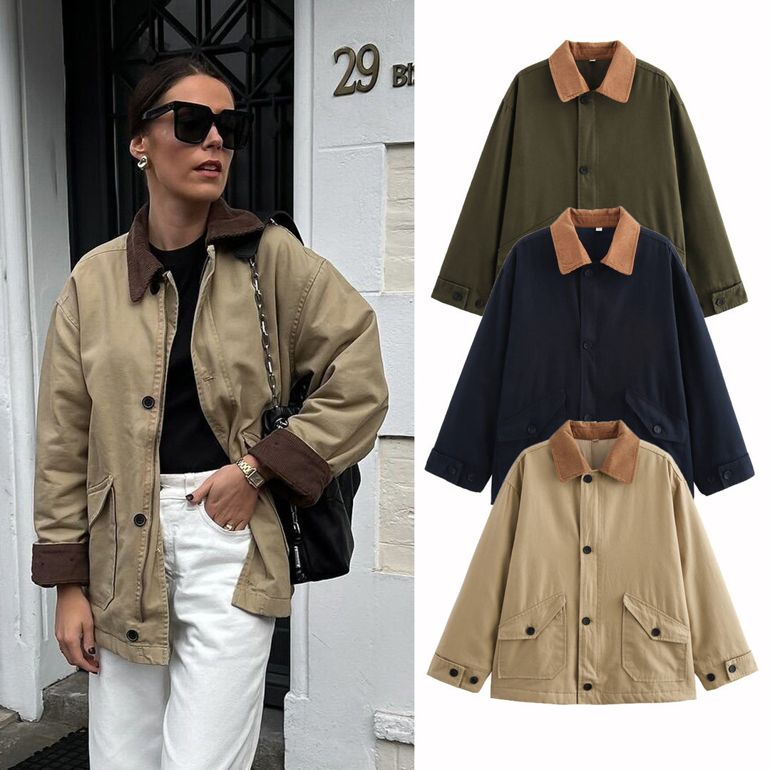 Damen Boxy Baumwoll-Canvas-Jacke mit Cordkragen, Pattentaschen und durchgehender Knopfleiste Echo Archiv