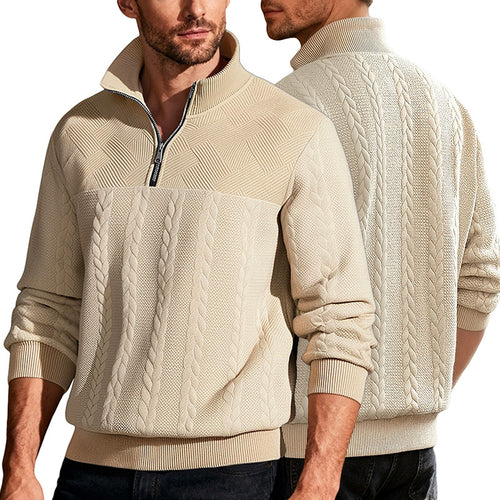 Herren nan texturierter Strickpullover mit Halbzip, geflochtenem Zopfmuster und hohem Stehkragen Echo Archiv
