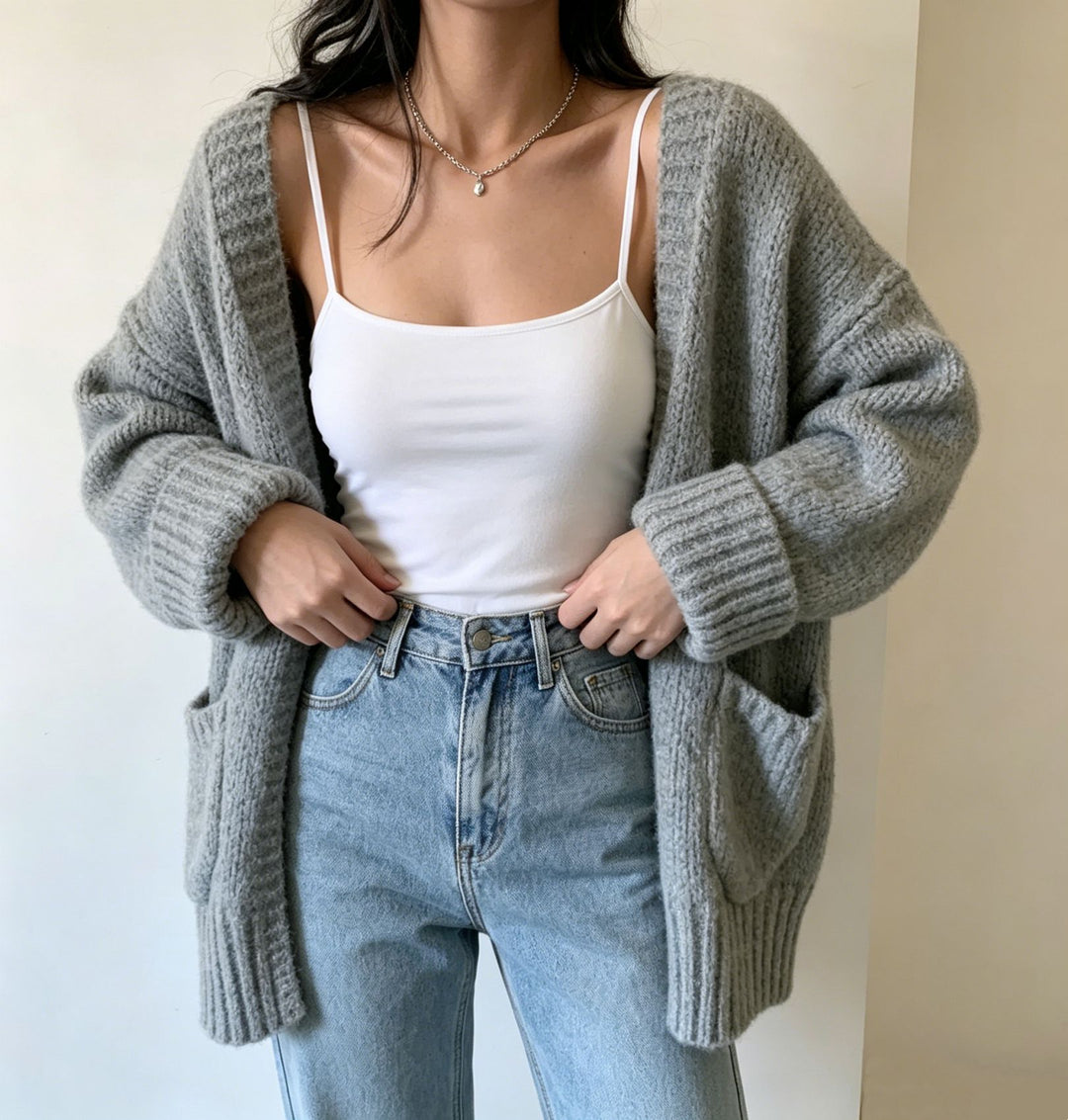 Damen Langer Offener Grobstrick-Cardigan mit aufgesetzten Taschen und gerippten Bündchen – Veloura