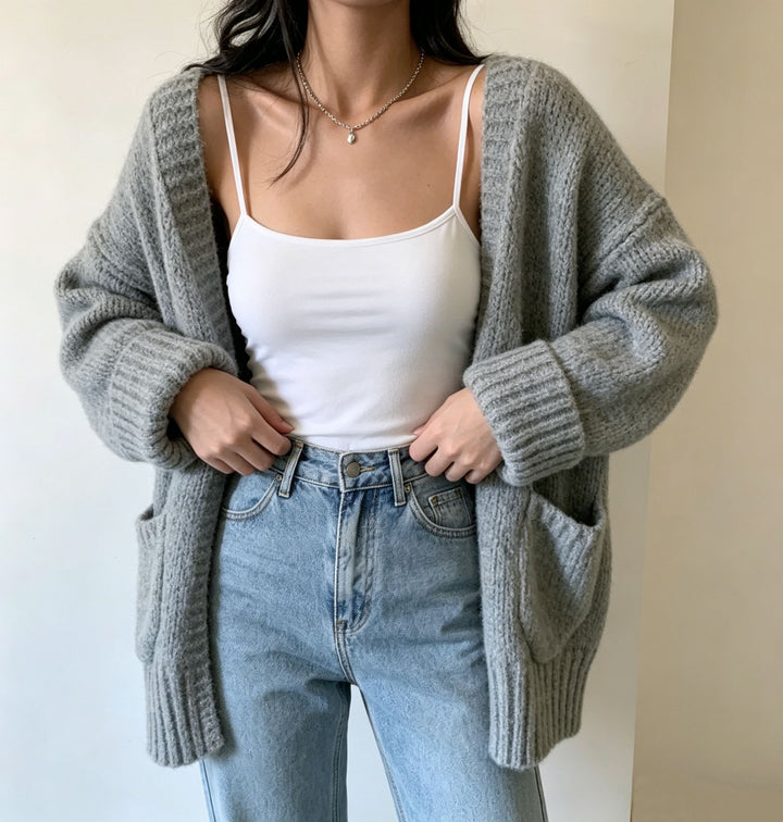 Damen Langer Offener Grobstrick-Cardigan mit aufgesetzten Taschen und gerippten Bündchen – Veloura