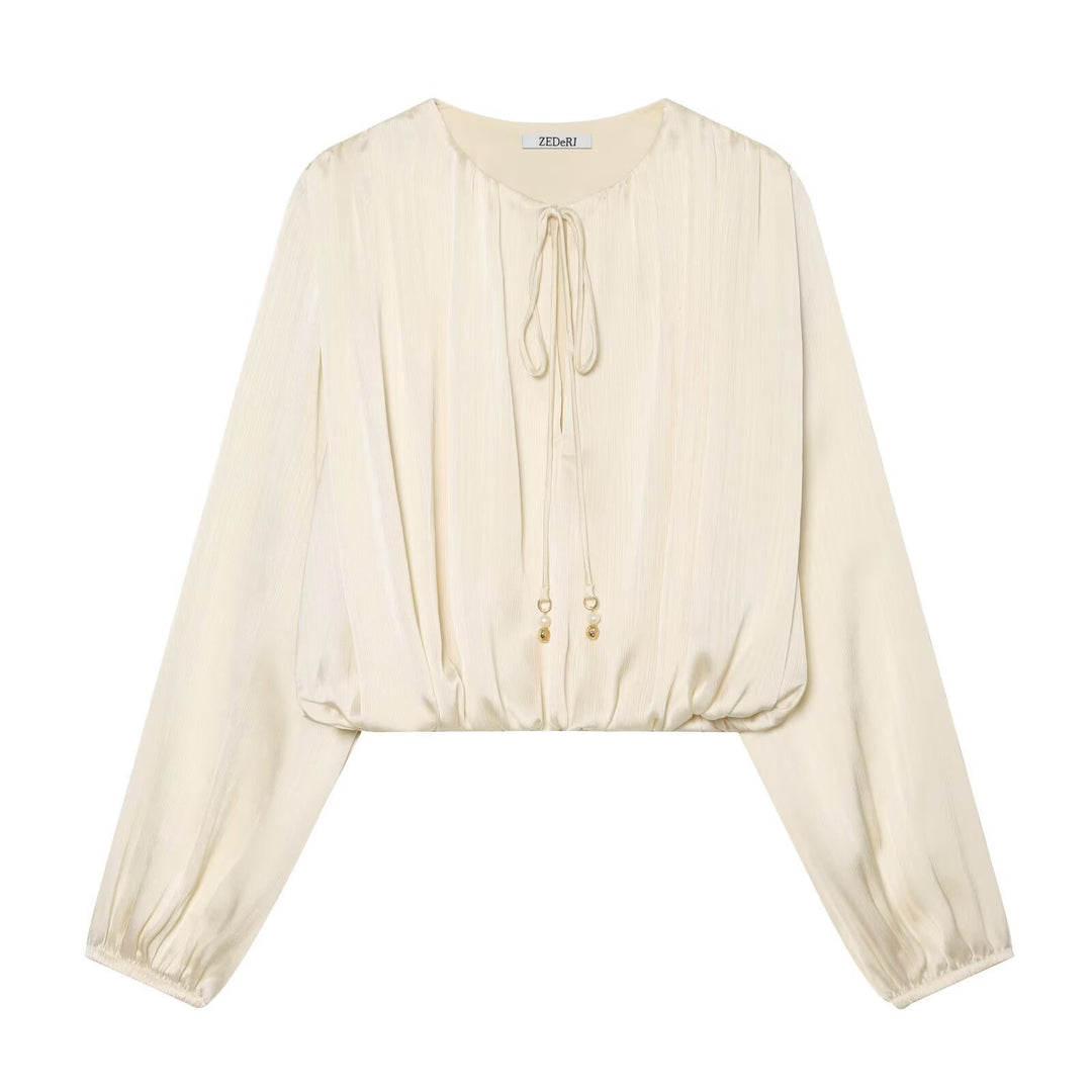 Damen Plissierte Cropped-Bluse mit Kordelzug und Ballonärmeln Echo Archiv