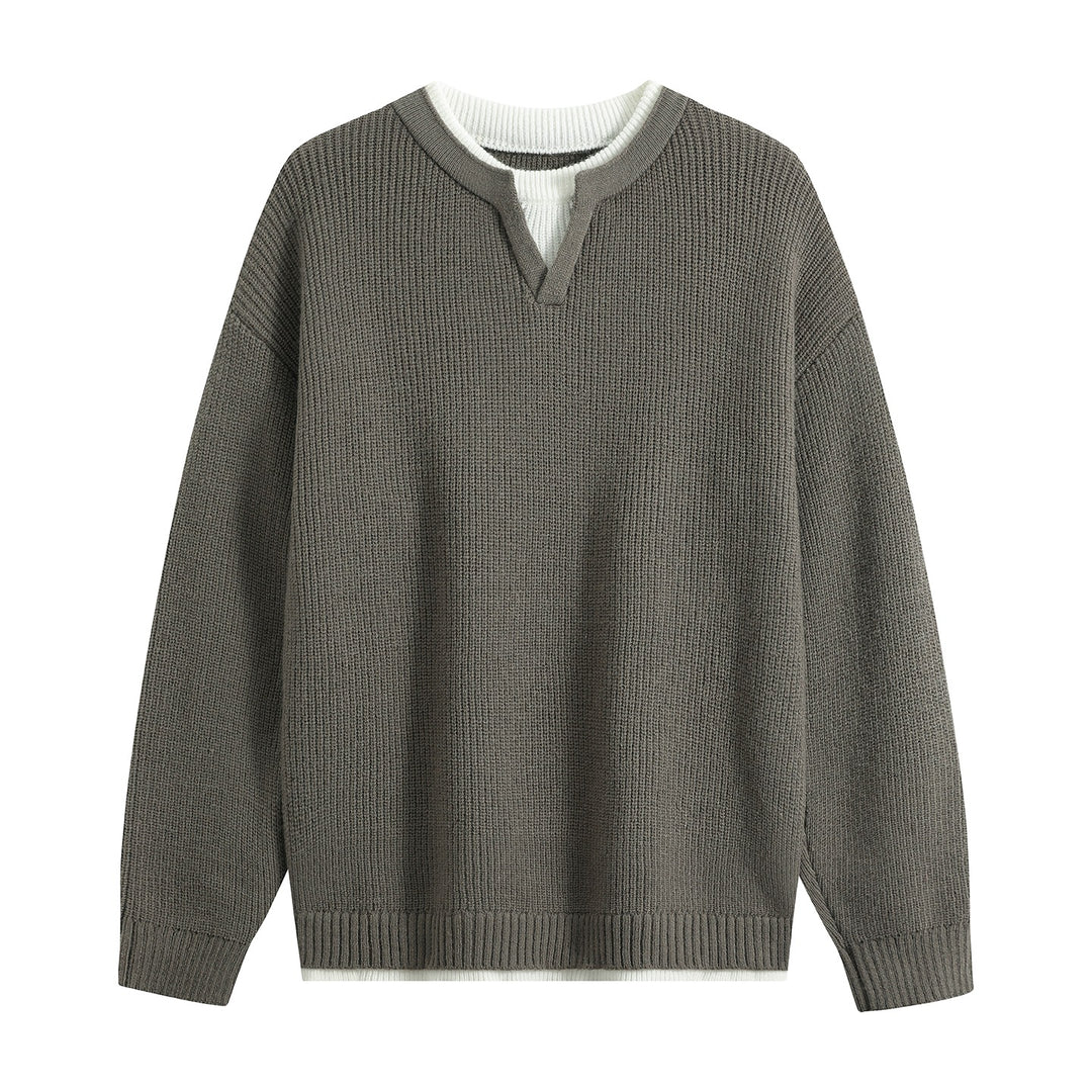 Herren Oversize-Strukturstrick-Pullover mit V‑Einsatz am Rundhals Echoarchiv
