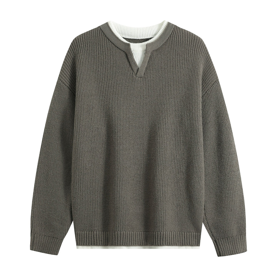 Herren Oversize-Strukturstrick-Pullover mit V‑Einsatz am Rundhals Echoarchiv
