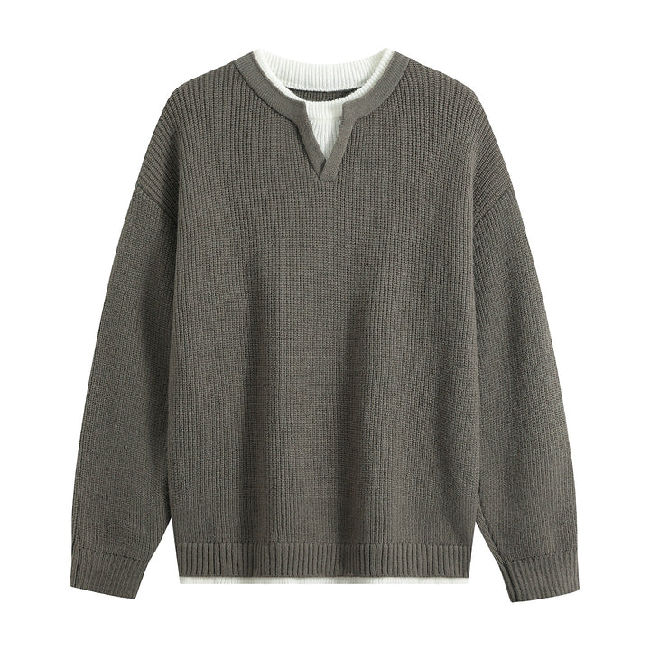 Herren Oversize-Strukturstrick-Pullover mit V‑Einsatz am Rundhals Echoarchiv