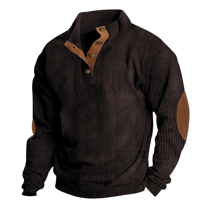 Herren nan grober Rippstrick-Pullover mit Stehkragen, Knopfleiste und markanten Ellenbogenpatches Echo Archiv