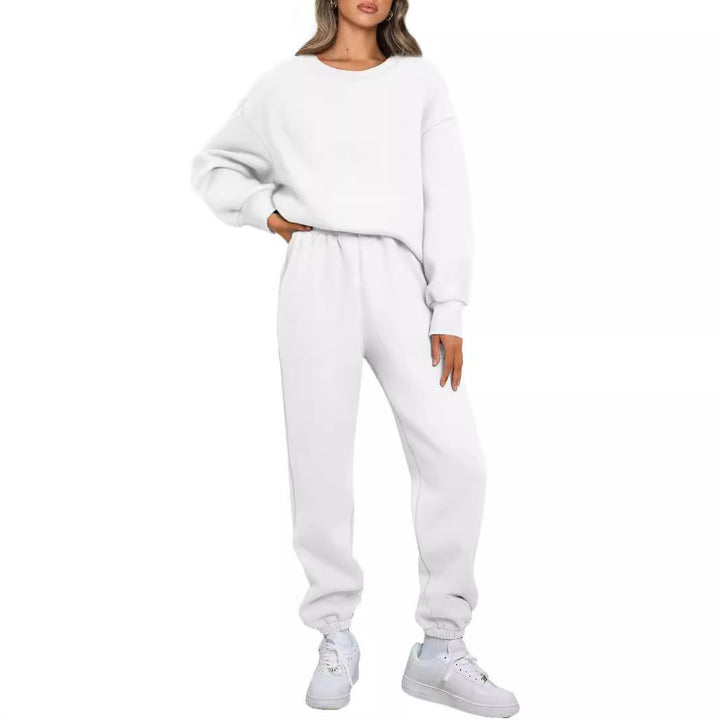 Damen zweiteiliges Comfort-Loungewear-Set mit oversized Rundhals, hochgeschnittener Jogginghose und elastischem Knöchelbund – Élanora