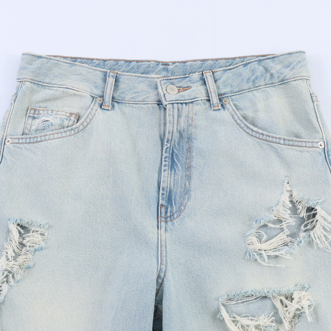 Damen weite Destroyed-Jeans mit hoher Bundführung, ausgefransten Cut‑outs und weitem Bein – Dénora