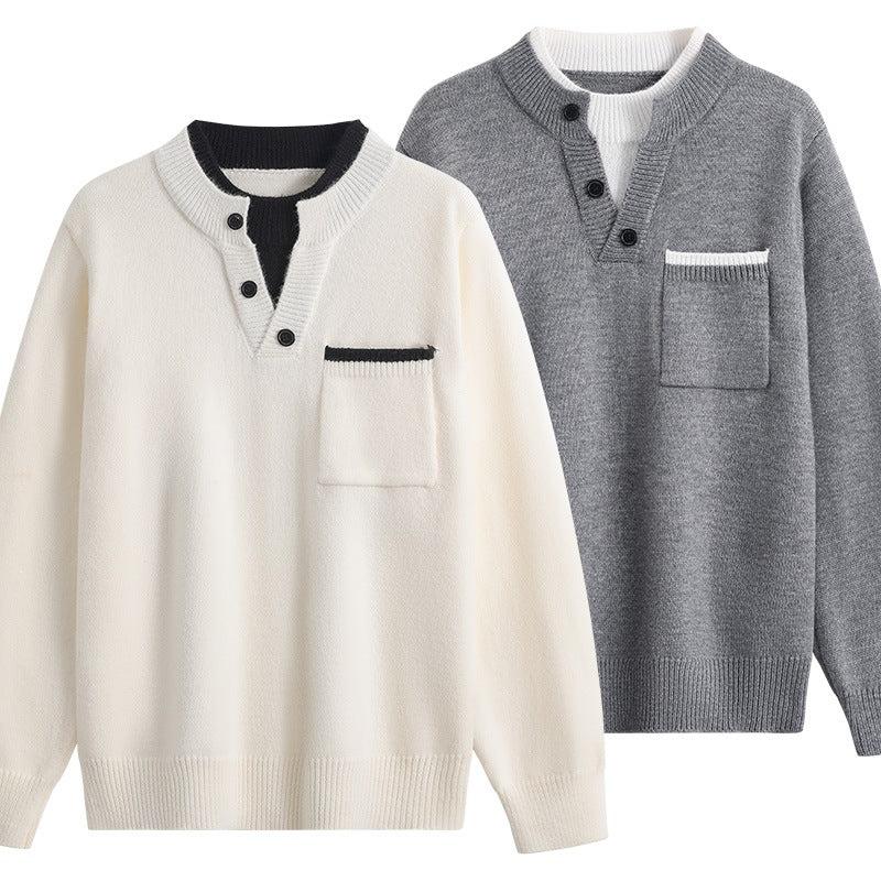 Herren Feinstrick-Henley-Pullover mit Knopfleiste, Brusttasche & Kontrastkragen Echoarchiv