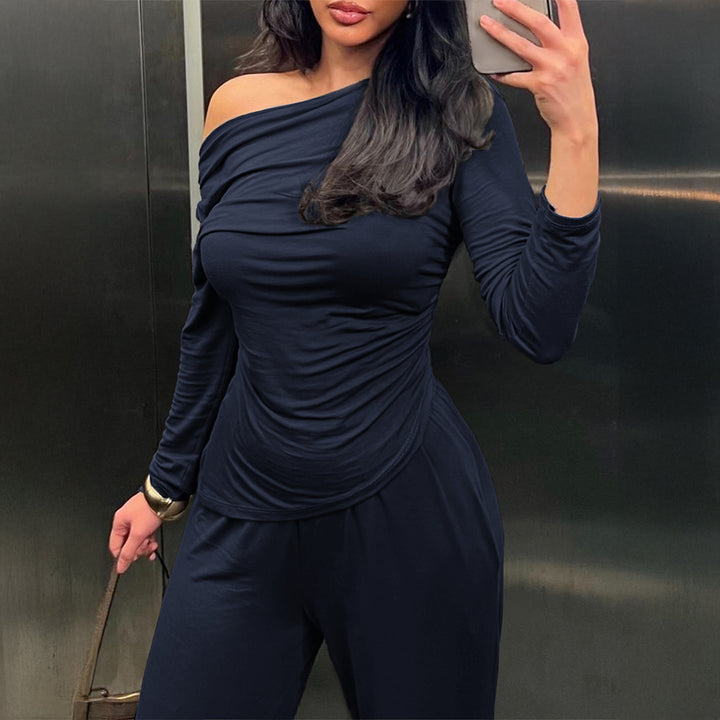 Damen nan zweiteiliges Jersey-Set mit asymmetrischer Wickeloptik, Langarmtop und weiter High‑Waist‑Hose Echo Archiv