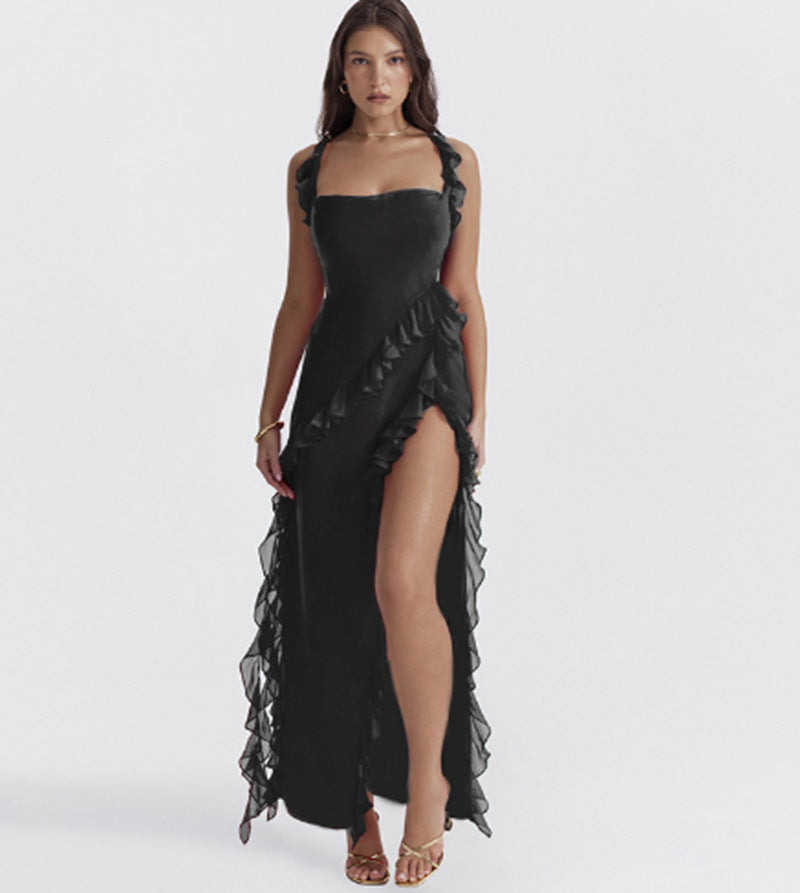 Damen nan langes Abendkleid mit quadratischem Ausschnitt, Schulter-Rüschenträgern und hoher Beinschlitze Echo Archiv