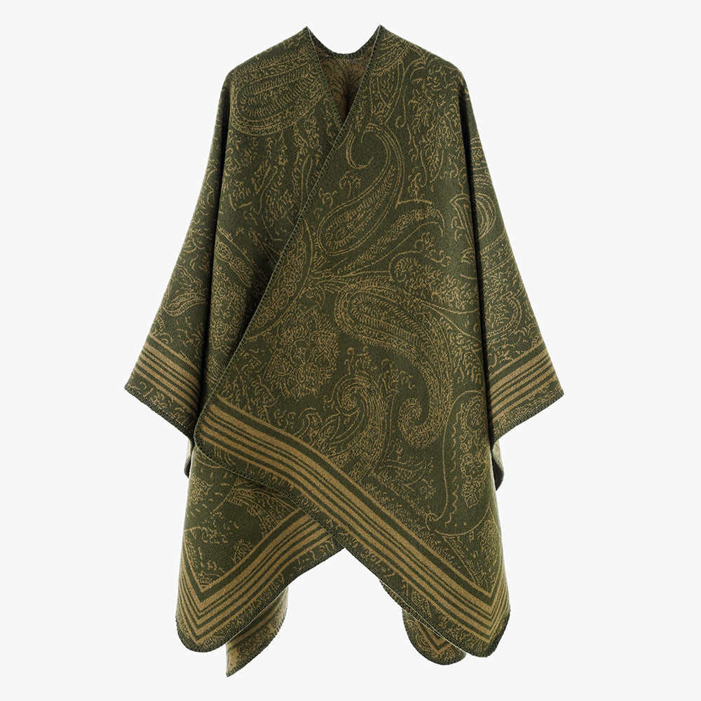 Damen Jacquard-Poncho im Ruana-Schnitt mit Paisley-Muster und breiter Bordüre – Avérine