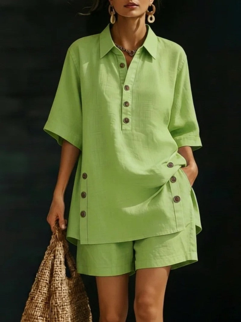Damen nan luftiges Leinenoptik-Zweiteiler mit Oversize-Hemdbluse, Knopfleiste und Bermuda-Shorts Echo Archiv