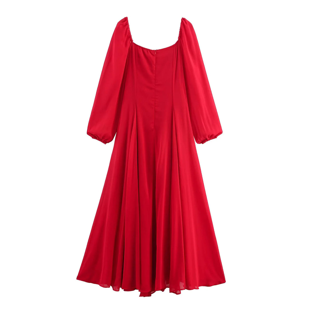 Damen langes Abendkleid mit ausgestelltem Rock, voluminösen Ballonärmeln und quadratischem Ausschnitt – Valéora