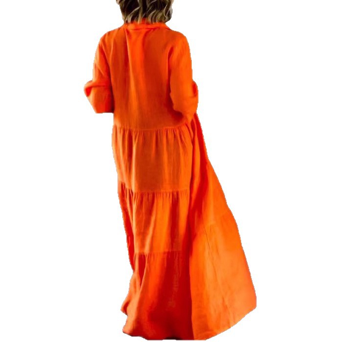 Damen nan sommerliches Leinenmix Stufenmaxikleid mit Hemdkragen, geraffter Taille und ellbogenlangen Ärmeln Echo Archiv