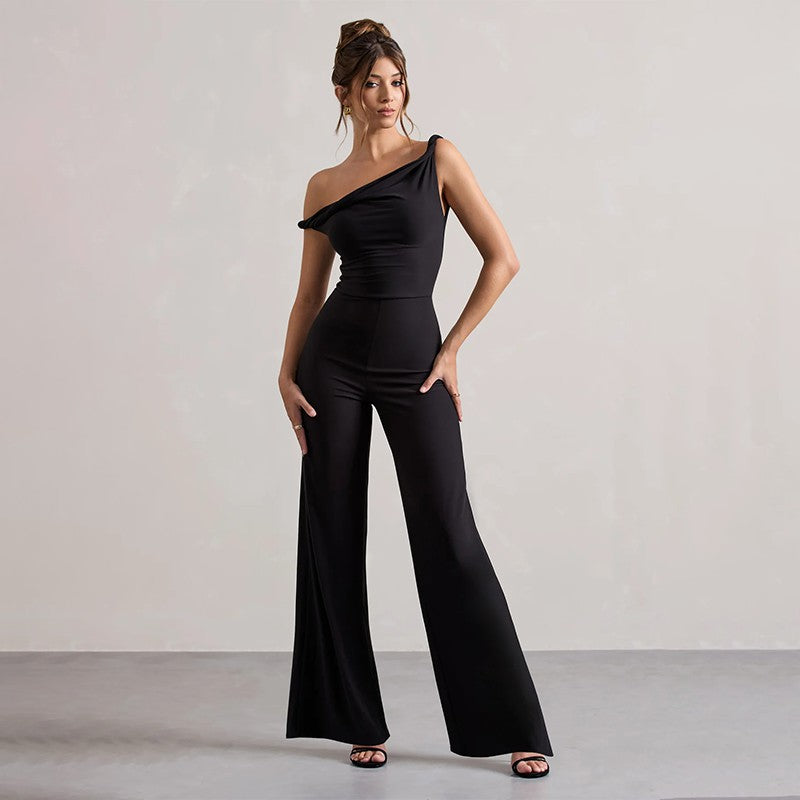 Damen schulterfreier Jumpsuit mit weitem Bein und elastischem Oberteil Echo Archiv