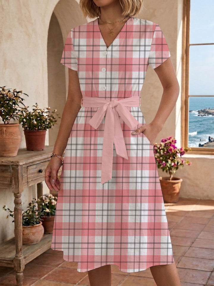 Damen lässiges Maxikleid mit taillierbarem Knoten und dekorativem Karomuster Echo Archiv