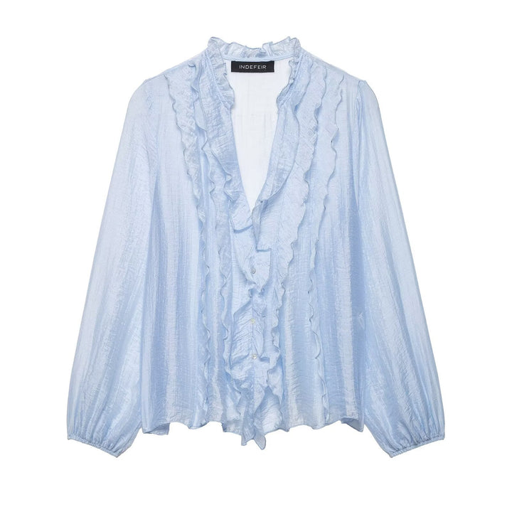 Damen Leichte Chiffon-Bluse mit Volantknopfleiste und Ballonärmeln Echo Archiv
