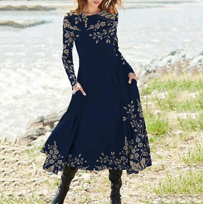 Damen nan Boho-Maxikleid mit taillierter Empire-Passe, langen Ärmeln und Seitentaschen Echo Archiv