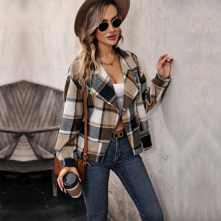 Damen Modische Karo Jacke mit Kragen Echo Archiv