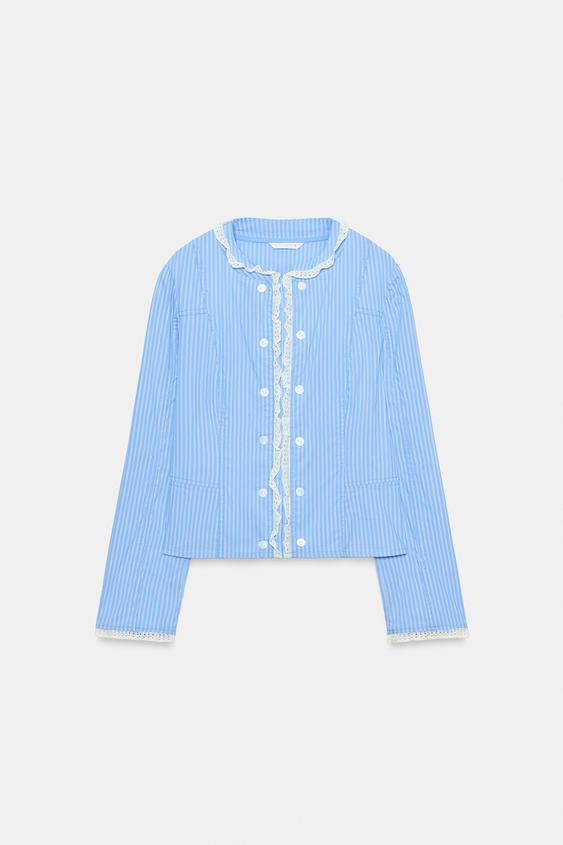 Damen Cropped gestreifte Baumwoll‑Blusenjacke mit Spitzenbesatz und doppelter Knopfleiste Echo Archiv