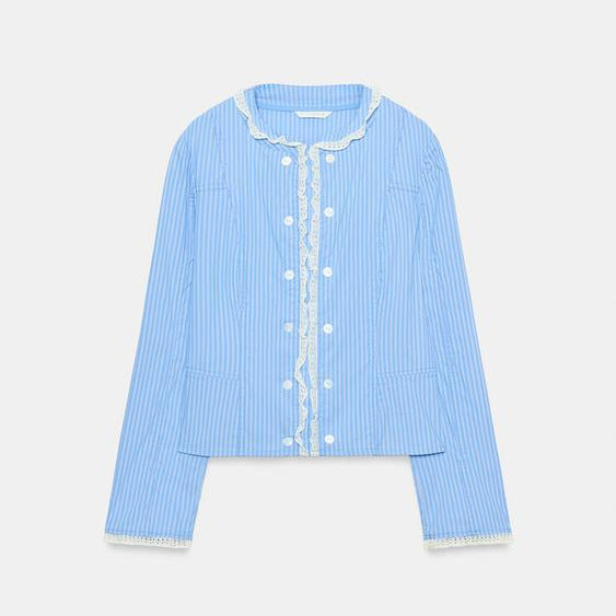 Damen Cropped gestreifte Baumwoll‑Blusenjacke mit Spitzenbesatz und doppelter Knopfleiste Echo Archiv