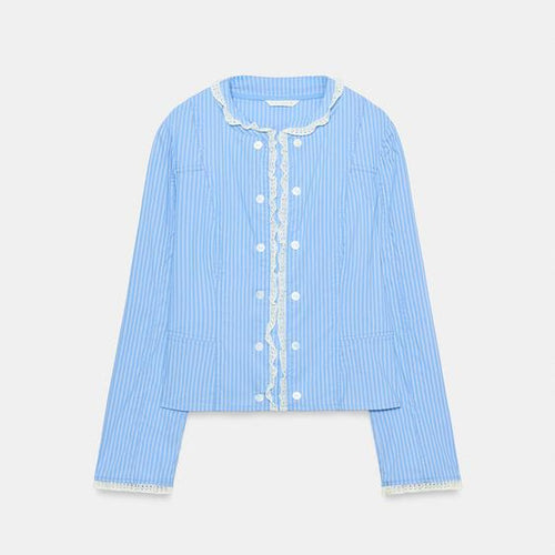 Damen Cropped gestreifte Baumwoll‑Blusenjacke mit Spitzenbesatz und doppelter Knopfleiste Echo Archiv