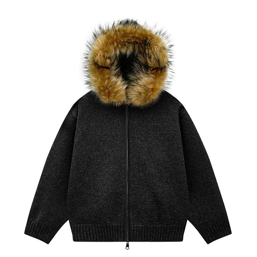 Damen Strick-Bomberjacke mit Kapuze und abnehmbarem Kunstfellbesatz Echoarchiv