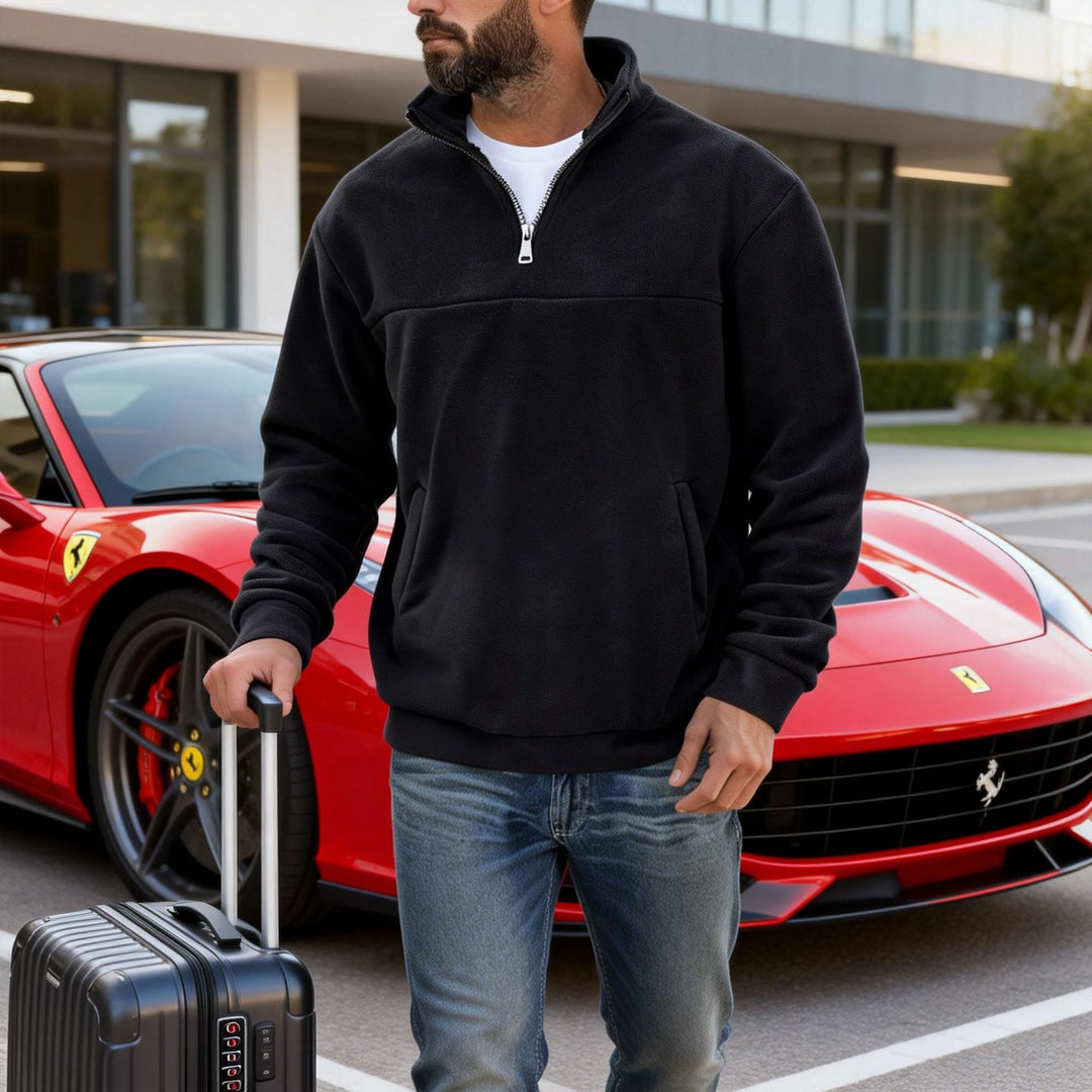 Herren warmer Fleece-Halbzip-Pullover mit Stehkragen, Kängurutasche und Relaxed Fit – Cavarno